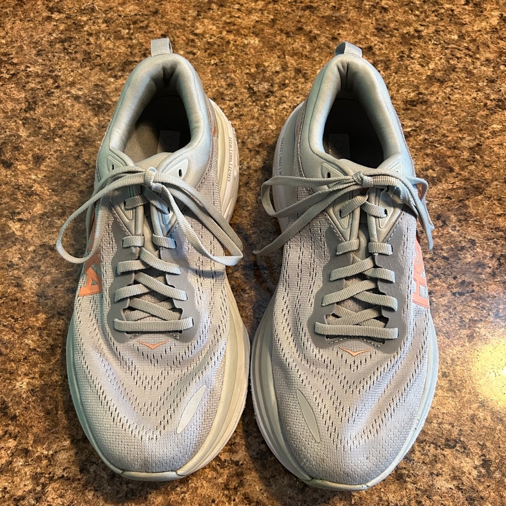 Hoka One One Light Gray and Peach Running Shoes